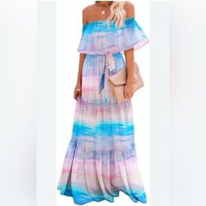 CBR Rainbow Pastel Off the Shoulder Chiffon Maxi Dress. Size S